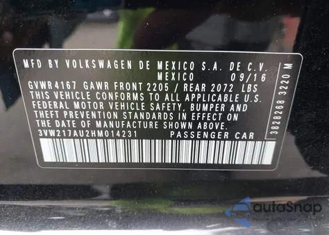 2017 Volkswagen Golf Tsi S 4-Door/Tsi Se 4-Door/Tsi Sel 4-Door/Tsi Wolfsburg Edition 4-Door z USA, uszkodzony, nr VIN 3VW217AU2HM014231